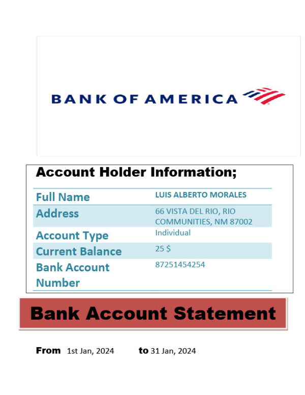 USA Bank of America Editable Bank Statement Template in Word and PDF formats 3 page