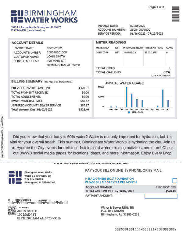 USA Birmingham Water Works Editable Water Bill Template in Word and PDF formats 4 page