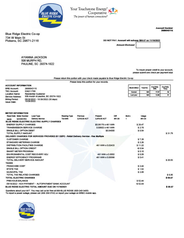 USA Blue Ridge Electric Co-op Editable Electricity Bill Template in Word and PDF formats