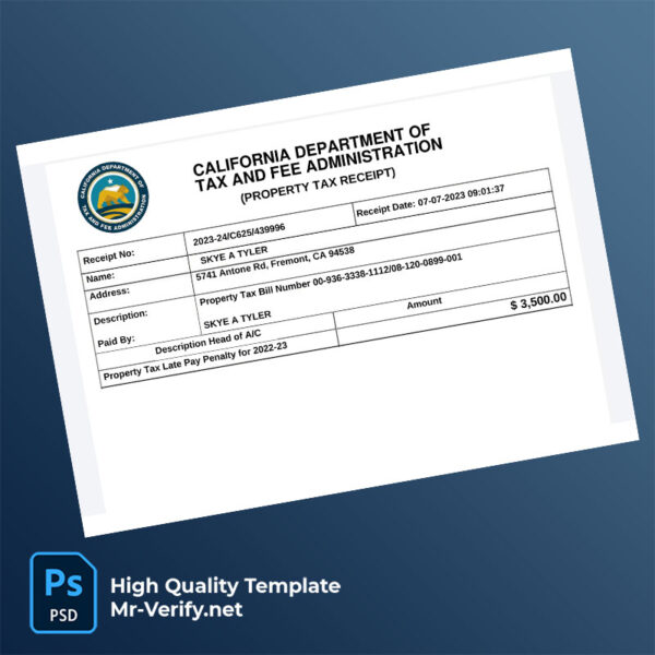 USA California Department of Tax and Fee Administration Editable Property Tax Receipt Template in Word and PDF formats
