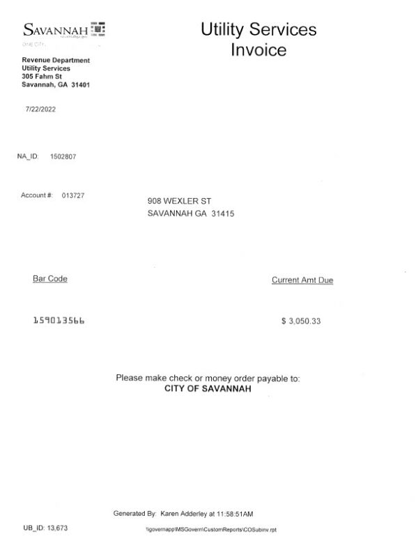USA City Of Savannah Editable Utility Bill Template in Word and PDF formats