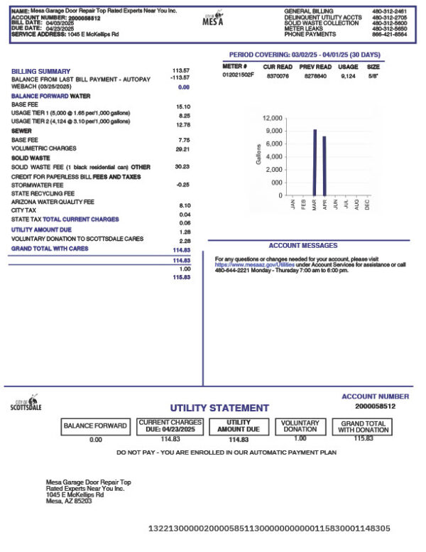 USA City Of Scottsdale Editable Water Bill Template in Word and PDF formats