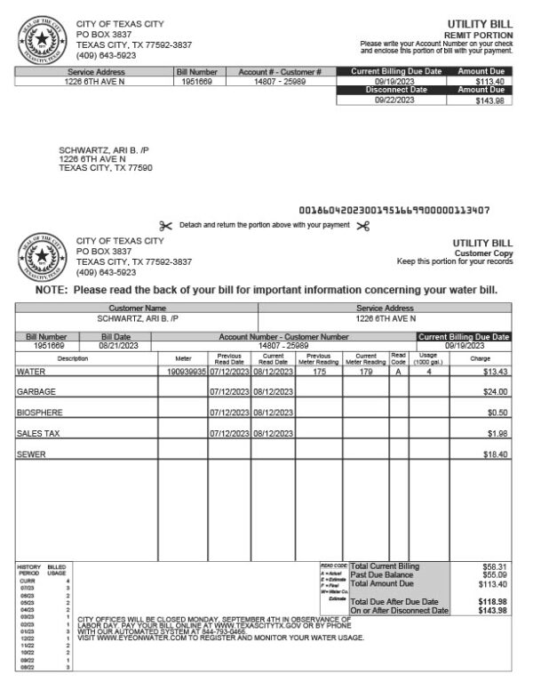 USA City Of Texas City Editable Utility Bill Template in Word and PDF formats 2 page