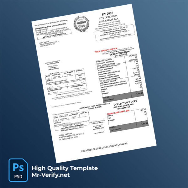 USA City of Boston Editable Real Estate Tax Bill Template in Word and PDF formats