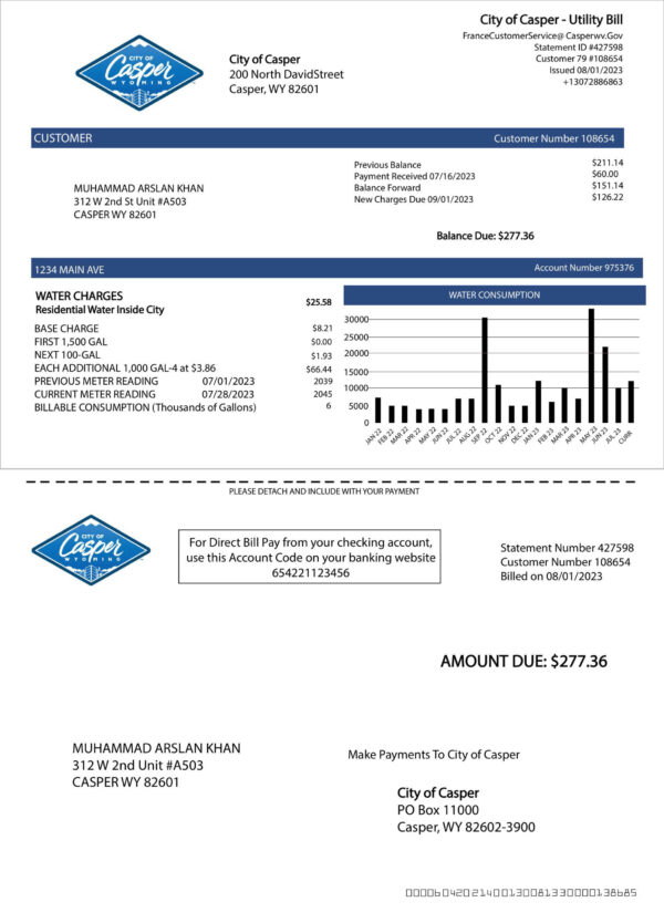 USA City of Casper Editable Water Bill Template in Word and PDF formats