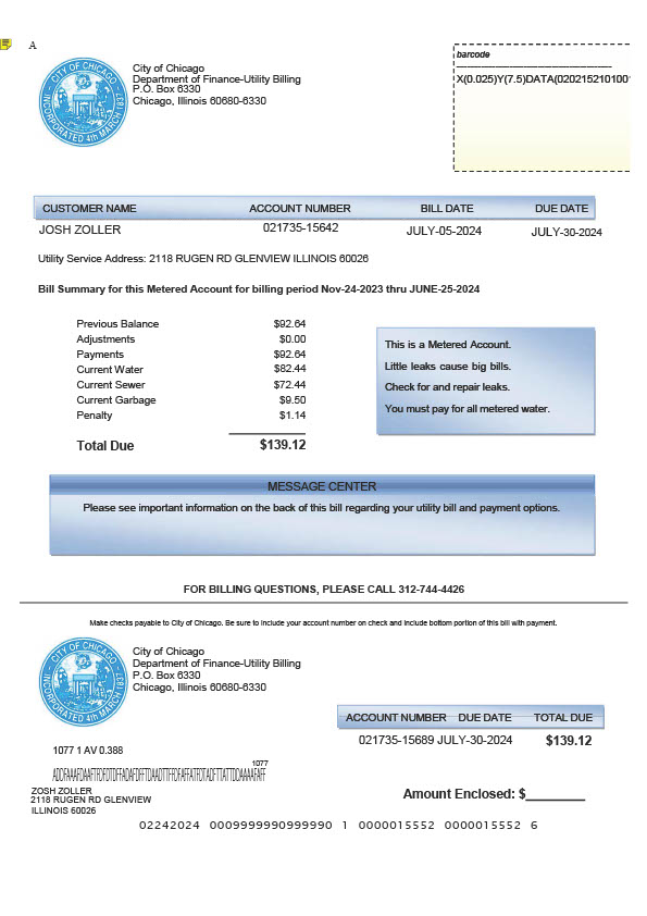 USA City of Chicago Editable Utility Bill Template in Word and PDF formats 2 page