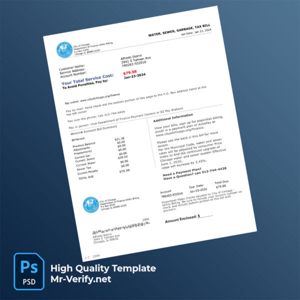 USA City of Chicago Editable Utility Bill Template in Word and PDF formats