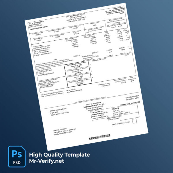 USA City of Oconomowoc Editable Property Tax Bill Template in Word and PDF formats