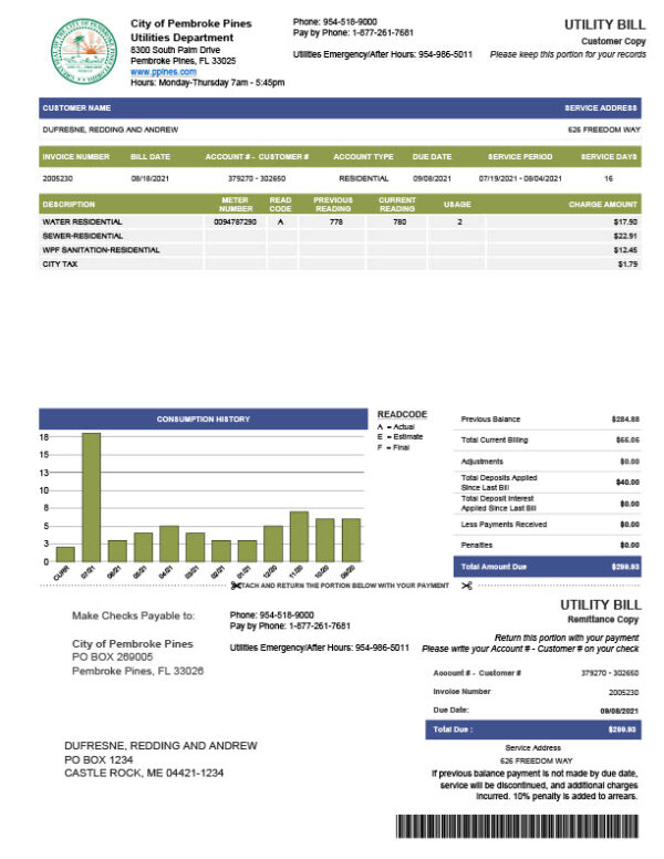 USA City of Pembroke Pines Editable Utility Bill Template in Word and PDF formats