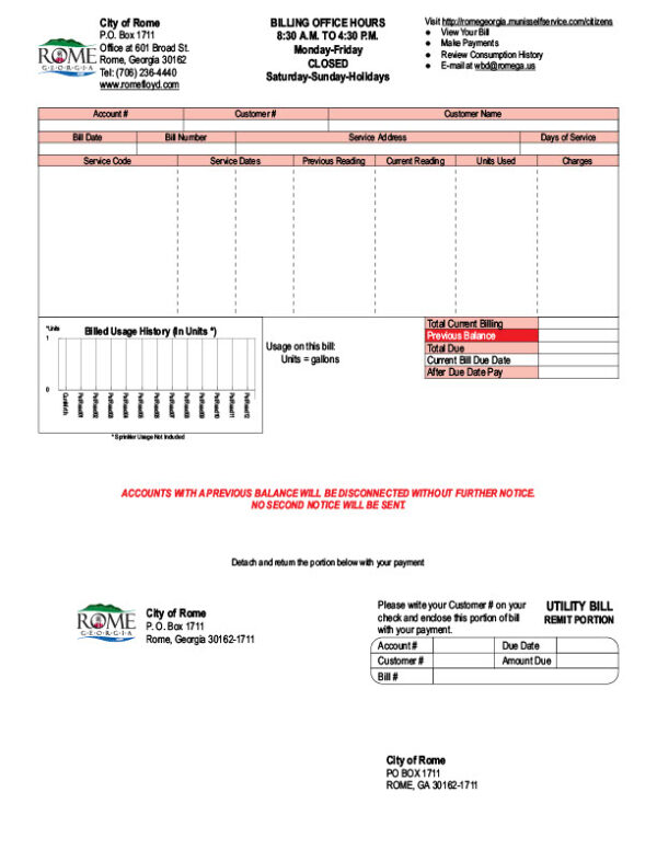 USA City of Rome Editable Utility Bill Template in Word and PDF formats 2 page
