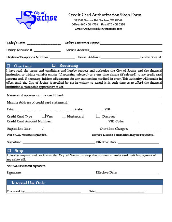 USA City of Sachse Editable Credit Card Authorization Template in Word and PDF formats 2 page