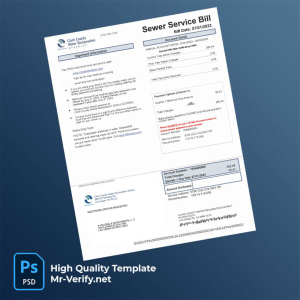 USA Clark County Water Reclamation District Editable Sewer Service Bill Template in Word and PDF formats