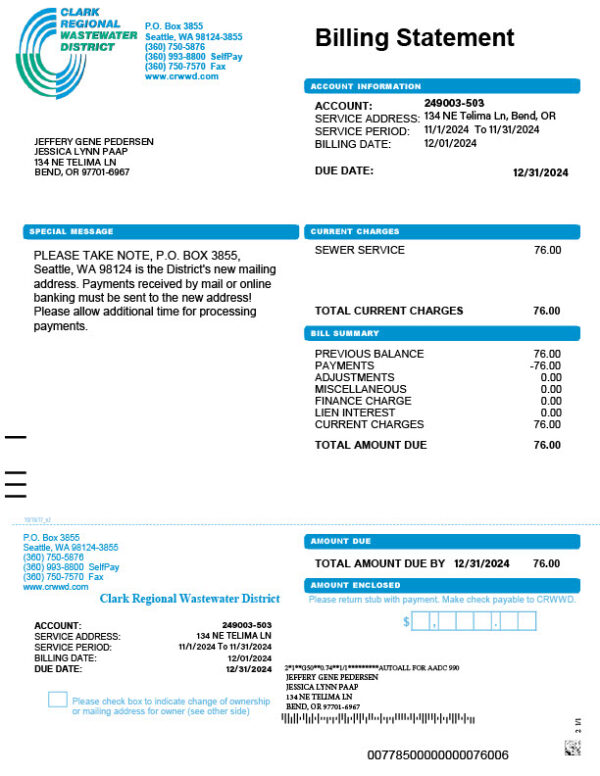 USA Clark Regional Wastewater District Editable Billing Statement Template in Word and PDF formats 2 page