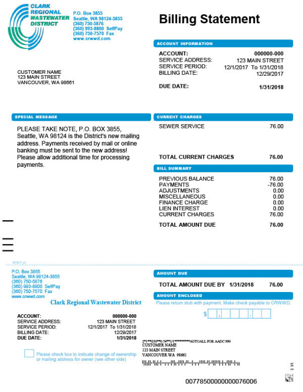 USA Clark Regional Wastewater District Editable Utility Bill Template in Word and PDF formats 2 page