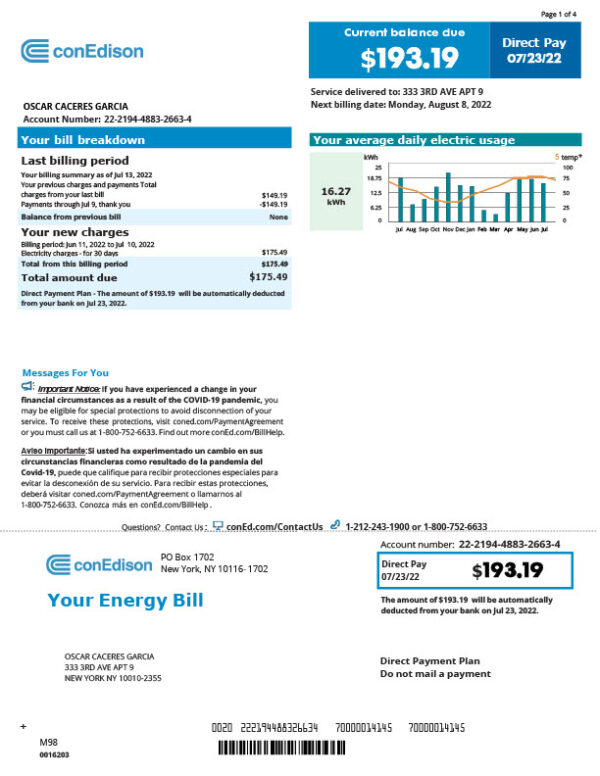 USA Con Edison Editable Electricity Bill Template in Word and PDF formats 2 page