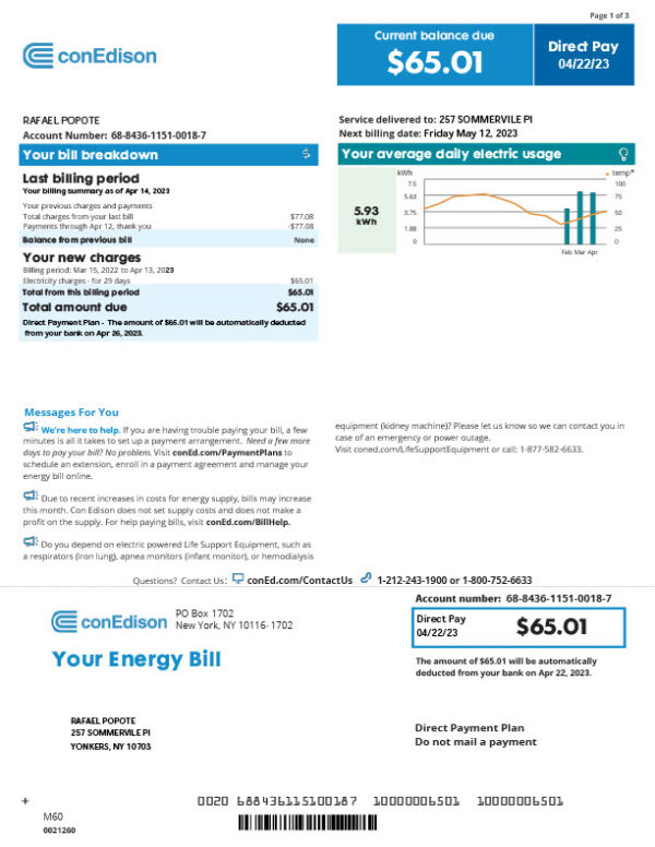 USA ConEdison Editable Energy Bill Template in Word and PDF formats 3 page