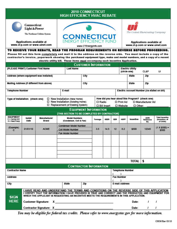 USA Connecticut Light Power Editable HVAC Incentive Application Template in Word and PDF formats 2 page