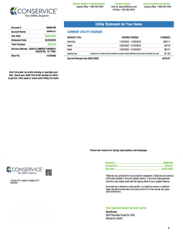 USA Conservice Editable Utility Statement Template in Word and PDF formats 2 page
