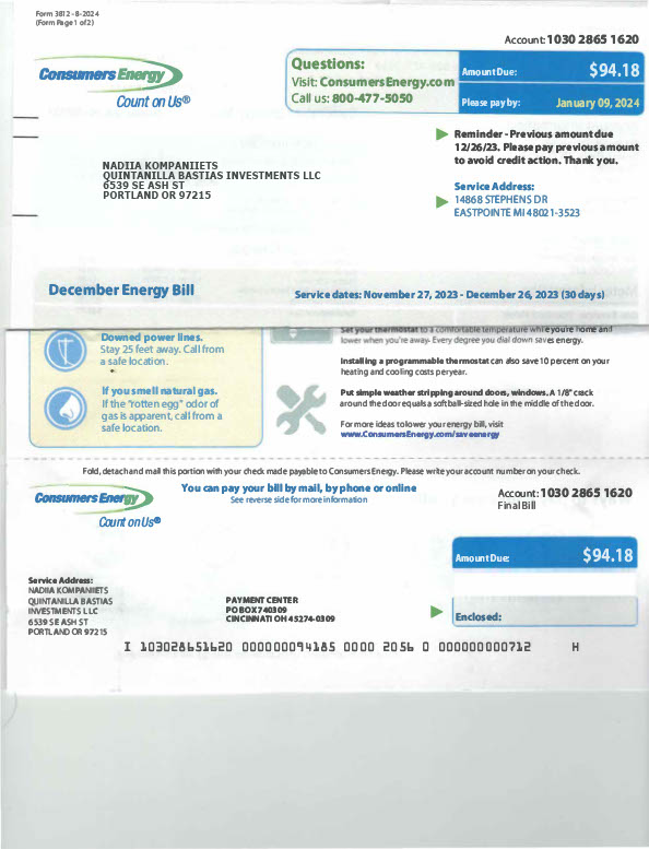 USA Consumers Energy Editable Utility Bill Template in Word and PDF formats