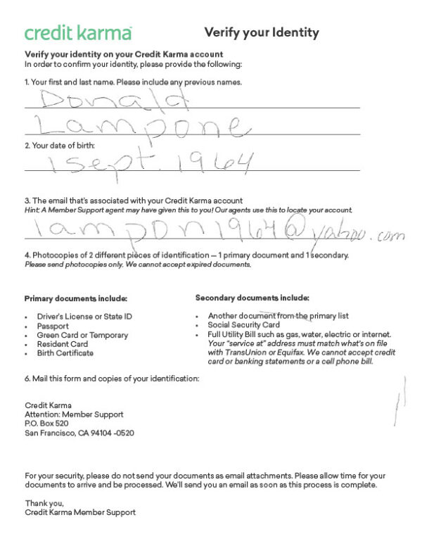 USA Credit Karma Editable Identity Verification Form Template in Word and PDF formats