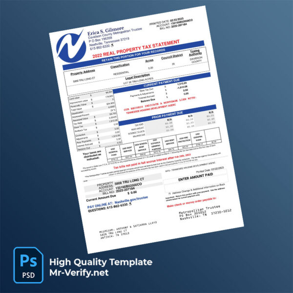 USA Davidson County Metropolitan Trustee Editable Property Tax Bill Template in Word and PDF formats