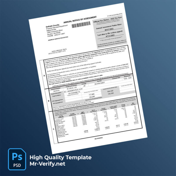 USA DeKalb County Property Appraisal Department Editable Property Tax Bill Template in Word and PDF formats