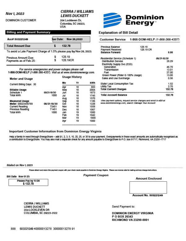 USA Dominion Energy Editable Electricity Bill Template in Word and PDF formats