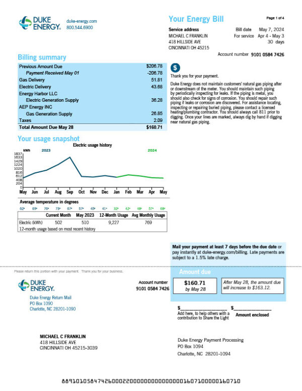 USA Duke Energy Editable Natural Gas Bill Template in Word and PDF formats 4 page