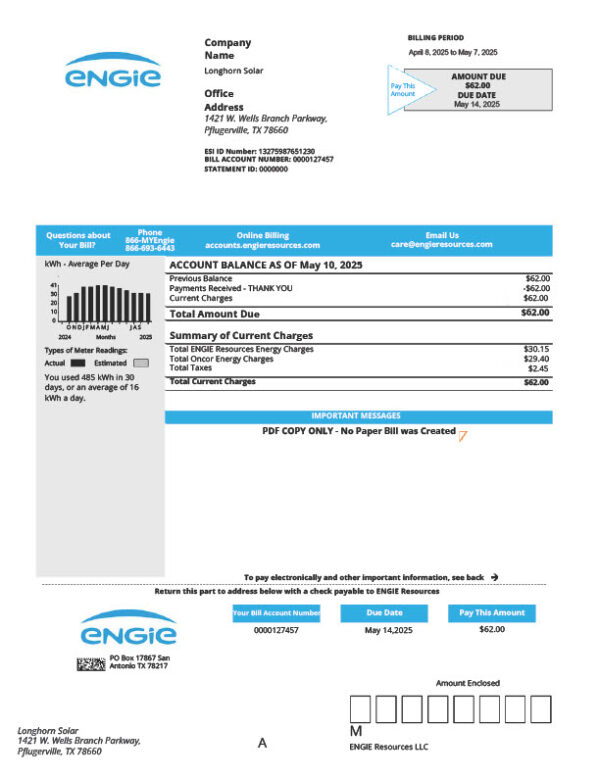 USA ENGIE Resources Editable Utility Bill Template in Word and PDF formats 2 page