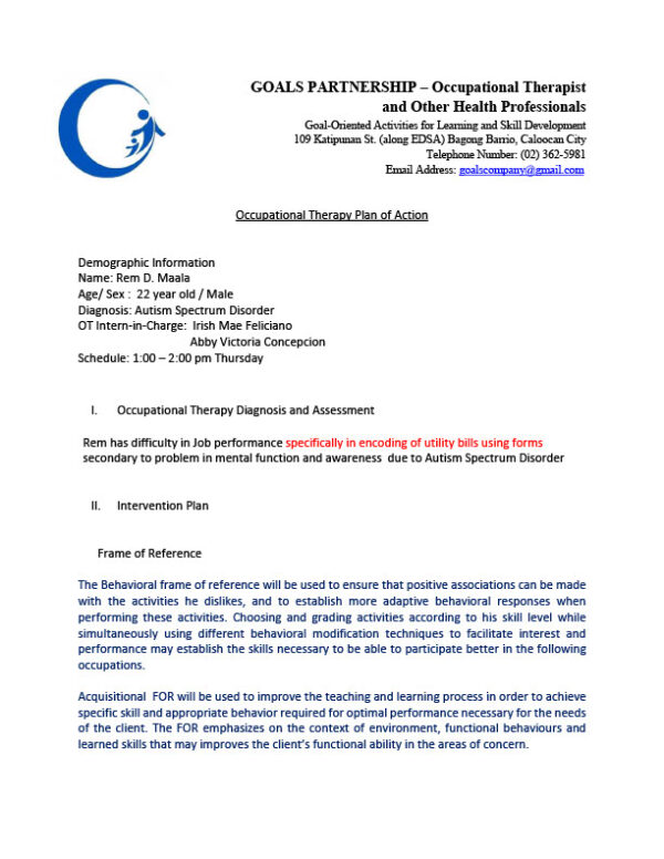 USA Editable Occupational Therapy Plan of Action Template in Word and PDF formats 4 page