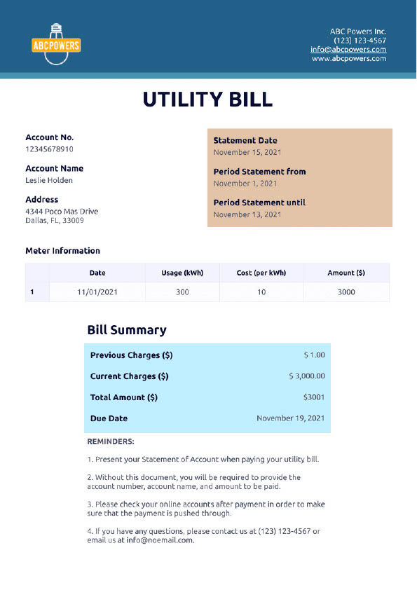 USA Editable Utility Bill Template in Word and PDF formats