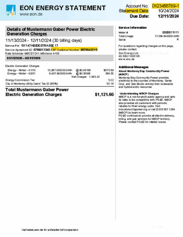 USA Eon Energy Editable Electricity Bill Template in Word and PDF formats