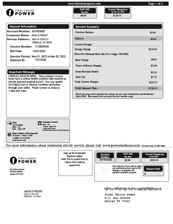 USA First Choice Power Editable Electricity Bill Template in Word and PDF formats 2 page