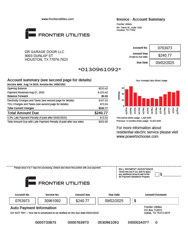 USA Frontier Utilities Editable Utility Bill Template in Word and PDF formats 2 page