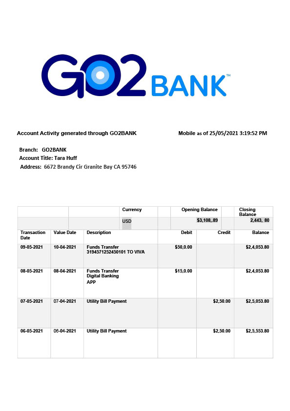 USA GO2BANK Editable Bank Statement Template in Word and PDF formats 2 page