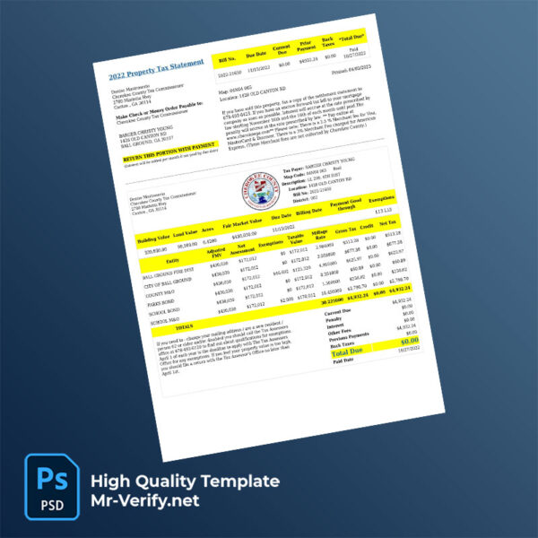 USA Georgia Cherokee County Tax Commissioner Editable Property Tax Bill Template in Word and PDF formats