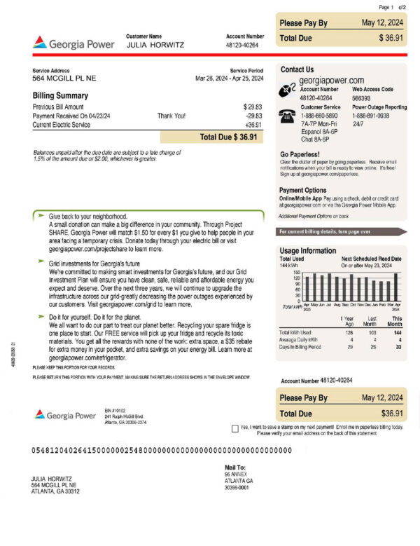 USA Georgia Power Editable Electric Bill Template in Word and PDF formats