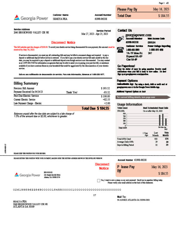 USA Georgia Power Editable Electricity Bill Template in Word and PDF formats 3 page