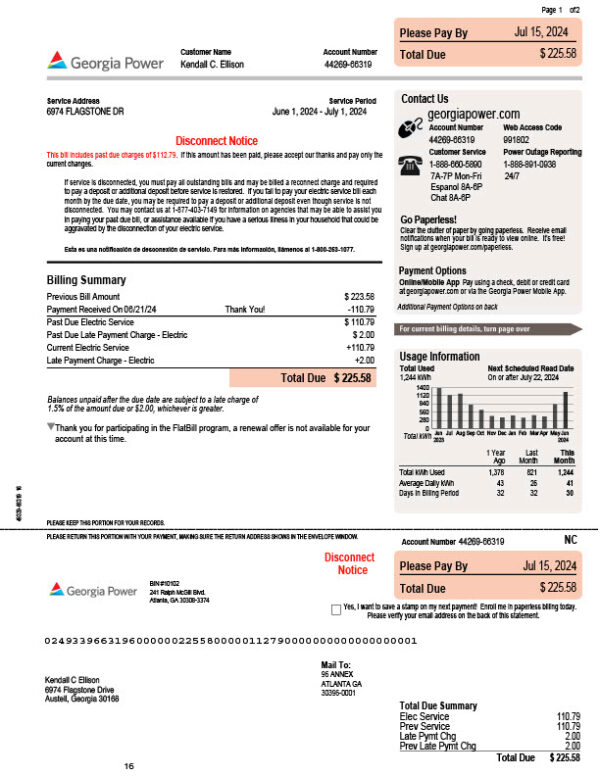 USA Georgia Power Editable Utility Bill Template in Word and PDF formats