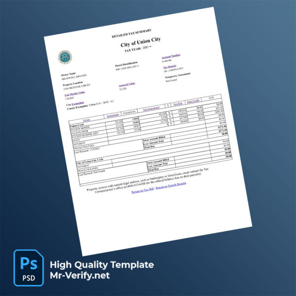 USA Georgia Union City Editable Property Tax Bill Template in Word and PDF formats