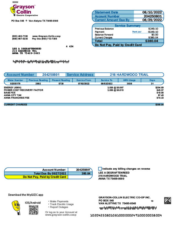 USA Grayson-Collin Electric Cooperative Editable Electricity Bill Template in Word and PDF formats 2 page