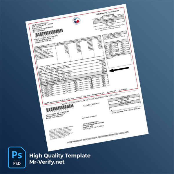 USA Harris County Appraisal District Editable Property Tax Receipt Template in Word and PDF formats