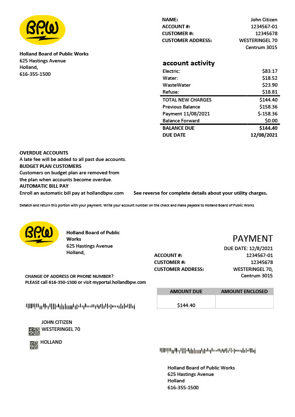 USA Holland Board of Public Works Editable Utility Bill Template in Word and PDF formats