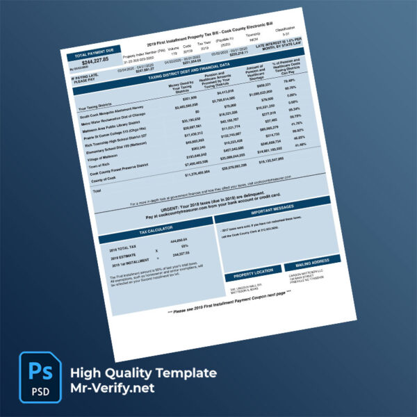 USA Illinois Cook County Treasurer Editable Property Tax Bill Template in Word and PDF formats