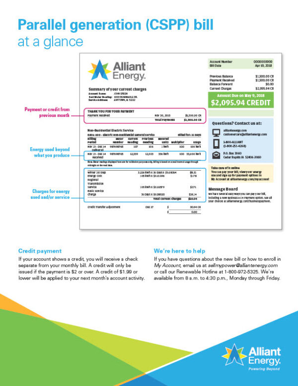 USA Iowa Utilities Board Editable Parallel Generation CSPP Bill Template in Word and PDF formats 2 page