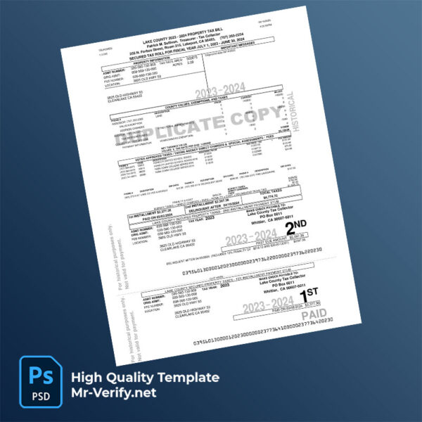 USA Lake County Treasurer-Tax Collector Editable Property Tax Bill Template in Word and PDF formats
