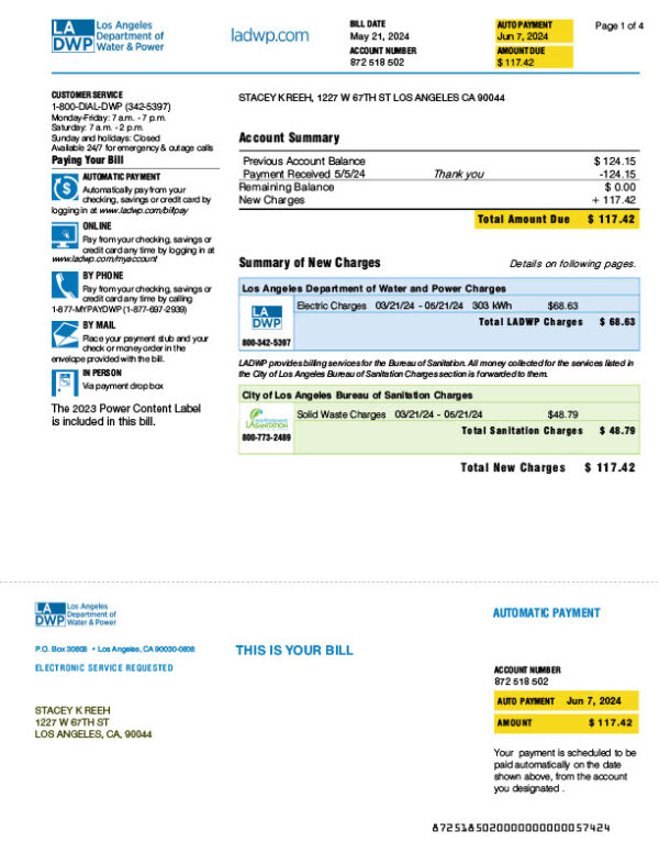 USA Los Angeles Department of Water and Power Editable Utility Bill Template in Word and PDF formats 4 page
