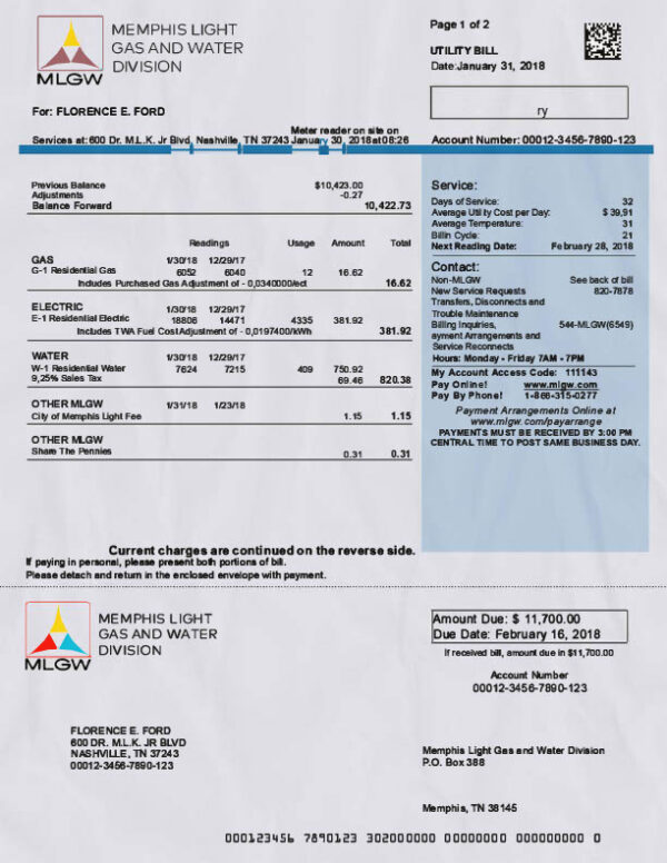 USA Memphis Light Gas and Water Division Editable Utility Bill Template in Word and PDF formats