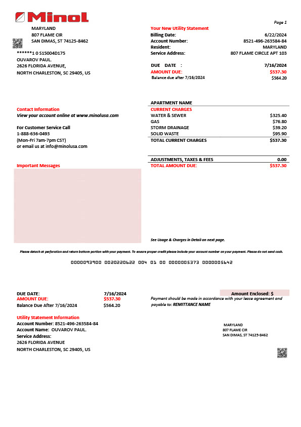 USA Minol Editable Utility Bill Template in Word and PDF formats
