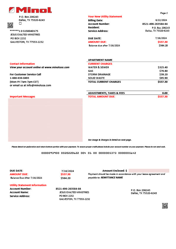 USA Minol Editable Utility Business Bill Template in Word and PDF formats